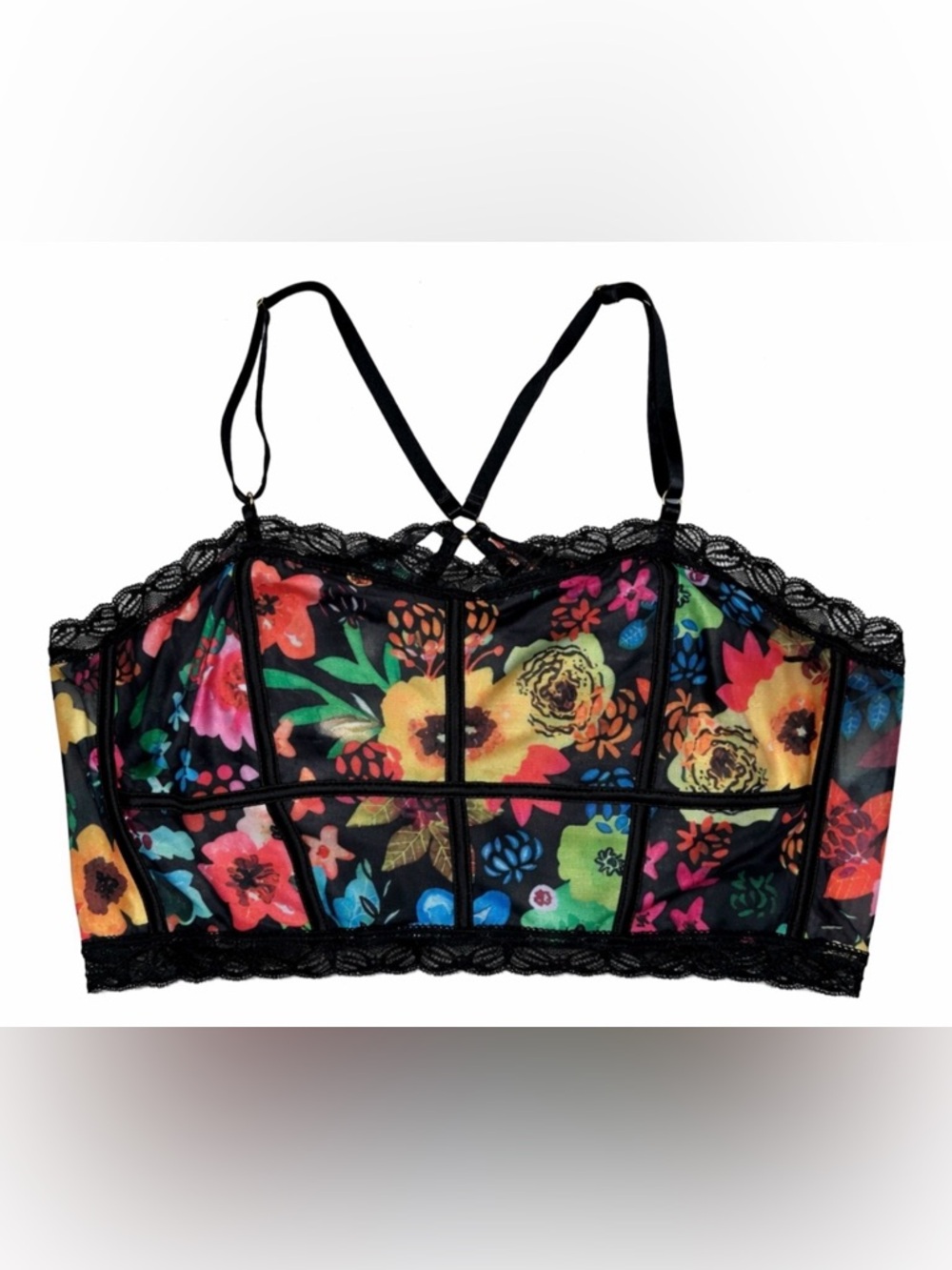 GORGLITTER‎ Black Multicolor Floral Mesh Lace Corset Bralette Bustier Plus Size - Picture 3 of 8